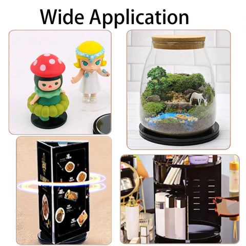 Various uses of 4 Inch Black Acrylic Lazy Susan Turntable Set 4 Pcs for organizing toys, terrariums, menus, and kitchen items.