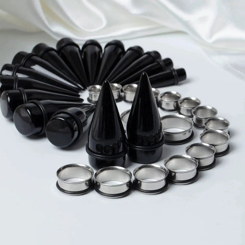 Essential 32 Piece 00G Ear Stretching Kit With Surgical Steel Tapers Tunnels And Acrylic Plugs For 1 Inch Gauge Includes Black Items
