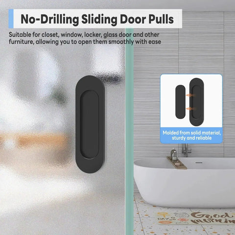 2 Pack 4 Inch Self Adhesive Sliding Door Handles Aluminum Alloy No Drill Installation on glass door in bathroom, black finish