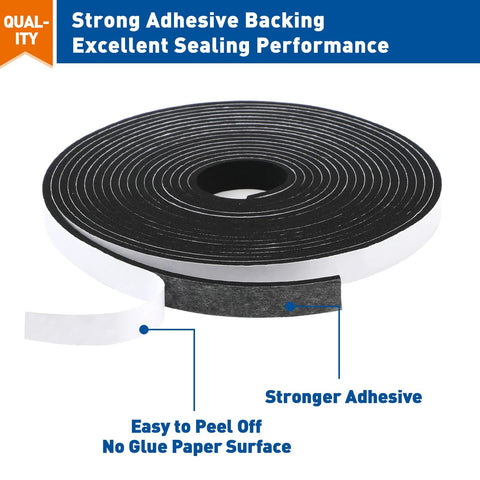MAGZO weather stripping door seal, 1/2 in x 1/8 in foam tape, black adhesive, 3 rolls (50 ft) for weatherproofing.