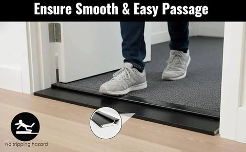 Person stepping over Black Adjustable Aluminum Threshold, Threshold Extension, Short Width, Hidden Screw Design, 36 Inch, in doorway