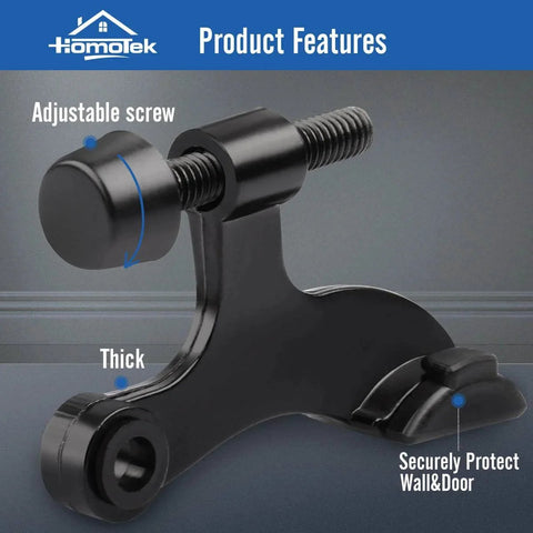 2 Pack Hinge Pin Black Door Stopper with adjustable screw and rubber bumper tips, deluxe heavy-duty design for wall protection.