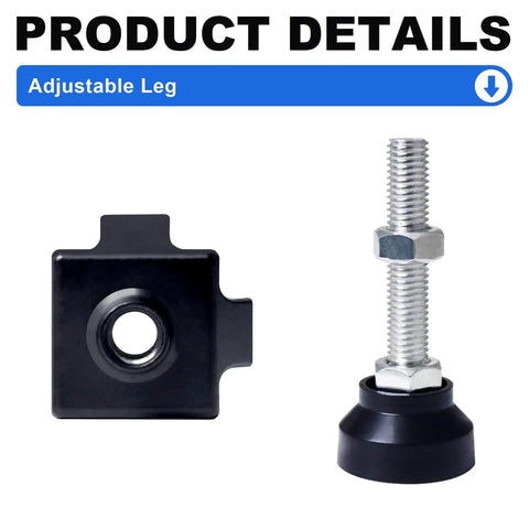 Four Pack 3030 Adjustable Leg Feet in black for 30x30 T-Slot and V-Slot aluminum extrusion, includes two components shown.