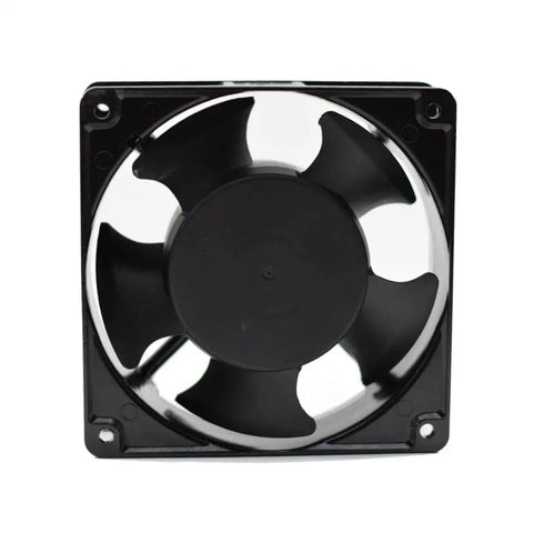 Square 4x4 Inch Aluminum Die Cast Exhaust Fan Panel Mount In Black with PBT impeller, front view for home, workshop, or office.