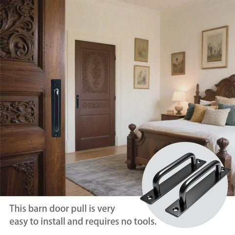 2PCS 5.8 Inches Barn Door Handle installed on wooden bedroom door, premium aluminum alloy, sturdy black sliding door pull handles for easy use