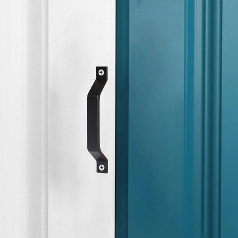 Installed view of Aluminum Alloy Barn Door Handles Set 6.1 Inch Sliding Door Pull Hardware on a blue and white door.