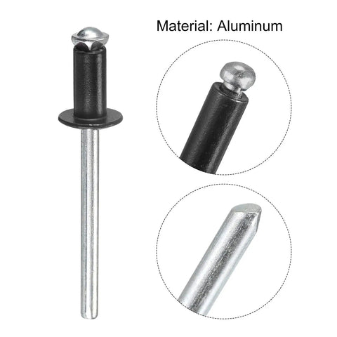 Aluminum Blind Rivets 5mm By 10mm Open End Flat Round Head Black 25 Pcs Pack For Metal Plate And Leather Jointing Durable Quick Secure Rivets By Uxcell, showing close-up details and aluminum material.