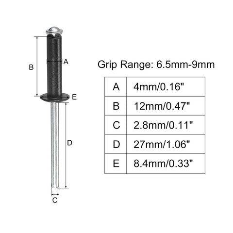 4mm By 12mm Aluminum Blind Rivets Open End With Flat Round Head For Metal And Leather Black 50 Pack size chart.