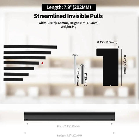 Diagram of 5 Pack 192mm Center Hole Tilted Black Cabinet Handles L Rectangle Aluminum Alloy Pulls with measurements and specifications