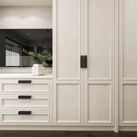 Installed Ten Pack Black 3 Inch Cabinet Handles Finger Pulls Edge Pulls for cabinets and drawers, modern kitchen style.