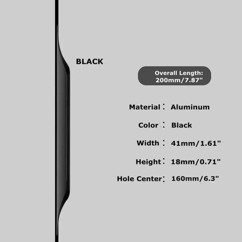 Side view of Five Pack Concealed Finger Pulls for Cabinets and Drawers in Black Aluminum, 200mm overall, with dimensions.
