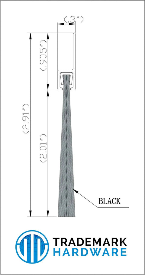 Technical drawing of Black Aluminum Door Sweep - 2 Inch Brush x 36 Inch Draft Blocker, Weather Stripping with dimensions.