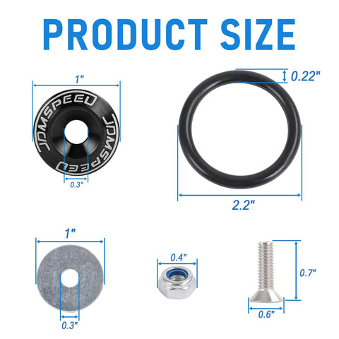 Universal Black CNC Billet Aluminum Quick Release Fastener Kit for Bumper Trunk with fastener, bolt, nut, and washer sizes shown