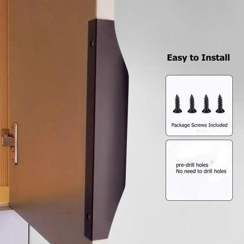 Five Pack Concealed Finger Pulls for Cabinets and Drawers in Black Aluminum installed on wooden cabinet with screws shown