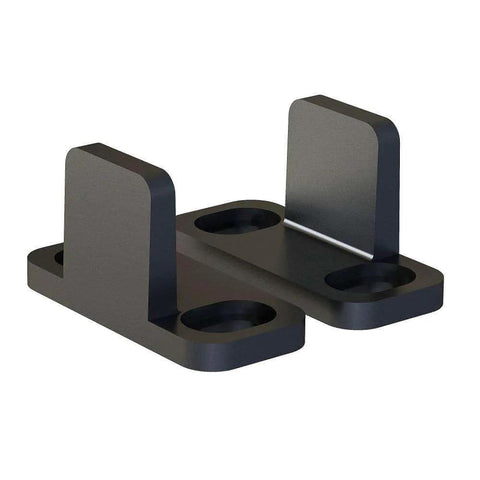 Black aluminum floor guide for sliding barn doors and bypass systems, anodized finish, durable 1/8 inch arm thickness, set of 2 guides.