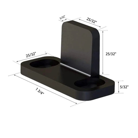 Black aluminum floor guide for sliding barn doors and bypass systems, anodized finish, durable 1/8 inch arm thickness, detailed dimensions