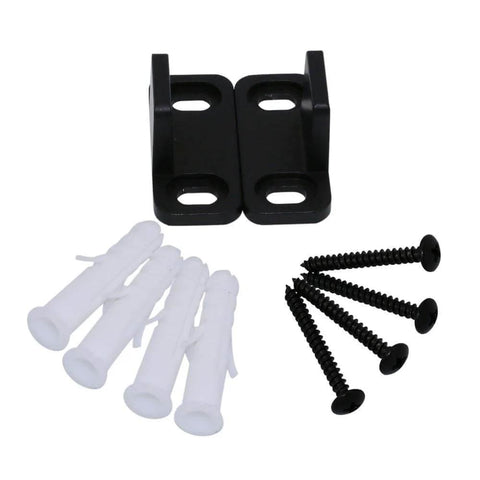 Black aluminum floor guide for sliding barn doors and bypass systems, anodized finish, screws and plugs shown, set of 2 guides