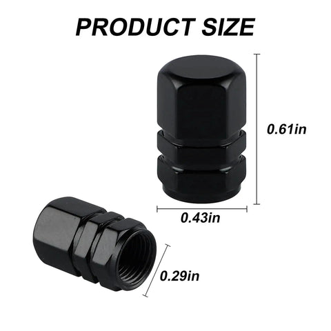 Aluminum Tire Stem Valve Caps Hexagon Shape Dustproof Wheel Valve Covers size chart with black hex caps, 0.61in height