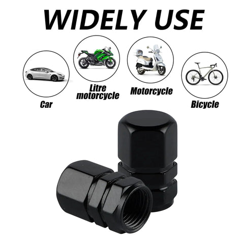 Aluminum Tire Stem Valve Caps Hexagon Shape Dustproof Wheel Valve Covers 4 Pieces Universal For SUV Car Bike Motorcycle, black finish.
