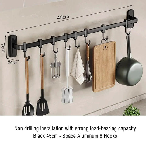Kitchen Hooks Utensil Holder Wall Utensil Rack Kitchen Hooks for Utensils Kitchen Rail with Hooks Utensil Hooks, Black, 45cm