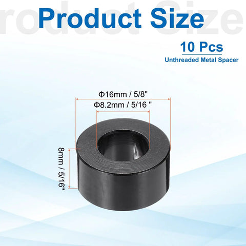 10 Pack M8 Aluminum Spacers Unthreaded Black 5/16 Inch Inner Diameter 5/8 Inch Outer Diameter 5/16 Inch Length on blue background