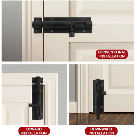 Beefy 2 Inch Black Aluminum Slide Bolt Latch for Doors and Gates showing conventional, upward, and downward installations