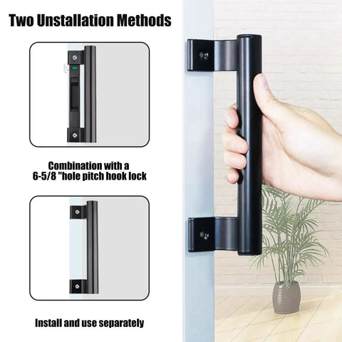8 Inch Aluminum Alloy Sliding Glass Door Handle for Patio Doors Replacement Pull Fits Six And Five Eighths Inch Mounting Holes Reversible Black Handle visible on installation.