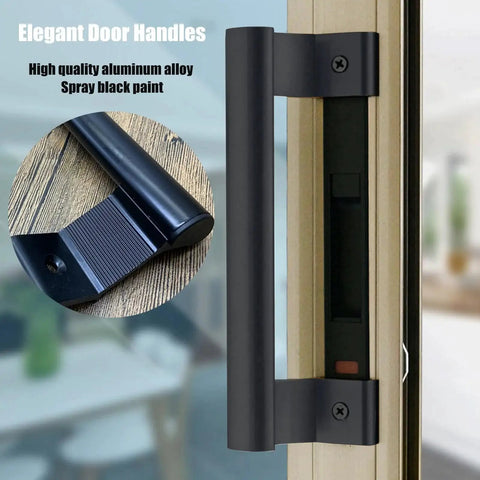 Front view of 8 Inch Aluminum Alloy Sliding Glass Door Handle for Patio Doors Replacement, black finish, installed on door.