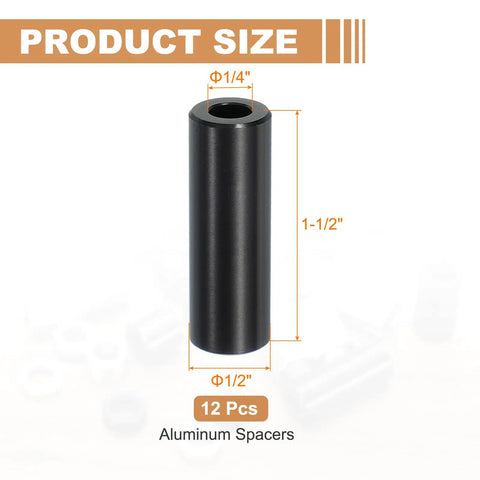 12 Pack Aluminum Spacers For Quarter Inch Screws Durable Aluminum Build One Quarter Inch Inner Diameter One Half Inch Outer Diameter One And A Half Inches Long Unthreaded Standoff Bushings Black Finish