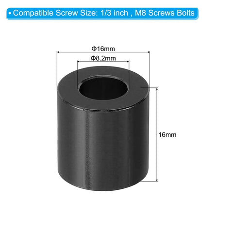 Heavy Duty Aluminum Spacer Set M8 One Third Inch Bolts 8 Pcs, 8.2mm ID X 16mm OD X 16mm Length black round standoff view