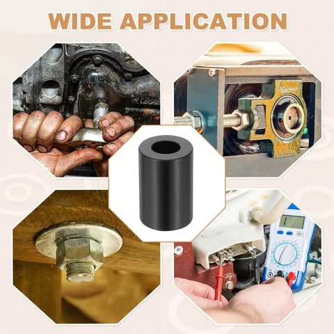 Six Pack Aluminum Spacers One Half Inch Thick One Inch Outer Diameter One and a Half Inch Long Round Unthreaded Standoff for Five Sixteenth Inch Bolts Black Durable and Easy to Install Ideal for Electronics Mechanical and RC Projects, shown in various applications