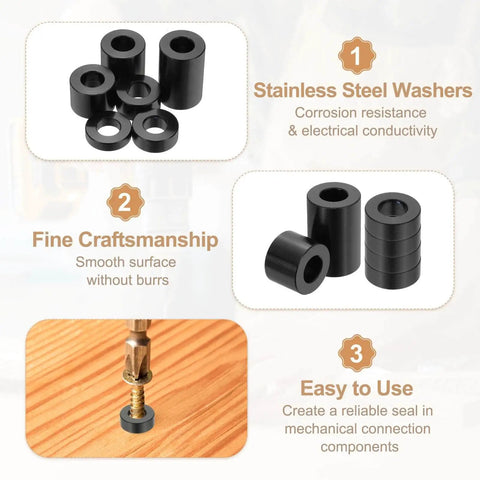 Six Pack Aluminum Spacers One Half Inch Thick One Inch Outer Diameter One and a Half Inch Long Round Unthreaded Standoff for Five Sixteenth Inch Bolts Black Durable and Easy to Install Ideal for Electronics Mechanical and RC Projects with visual emphasis on smooth black spacers and installation example.