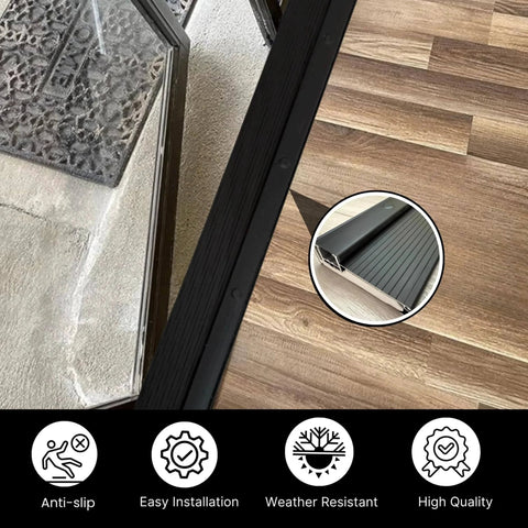 Black Adjustable Aluminum Threshold, Threshold Extension, Short Width, Hidden Screw Design shown installed on doorway floor