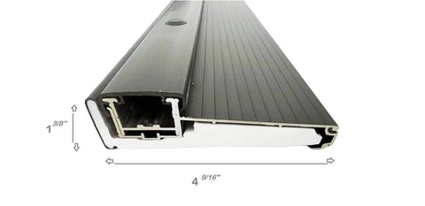 Close-up view of Black Adjustable Aluminum Threshold, heavy-duty design for 36-inch doors, with hidden screw feature for seamless appearance.