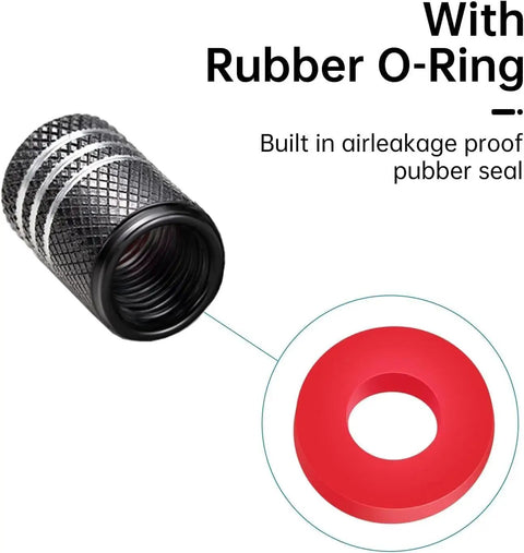 Aluminum Alloy Tire Valve Stem Caps 4 Pack Black, Anodized Finish with rubber O-ring, corrosion resistant, air valve cover detail