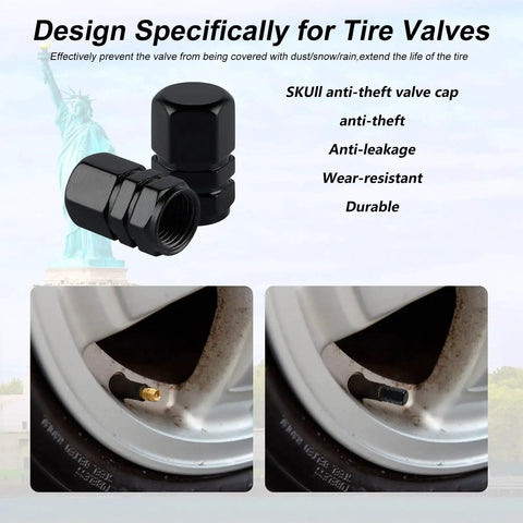 Design specifically for tire valves with aluminum tire stem valve caps hexagon shape dustproof wheel valve covers 4 pieces universal for SUV car bike motorcycle black high quality alloy accessories durable aluminum alloy for long lasting tire valve protection and easy installation.
