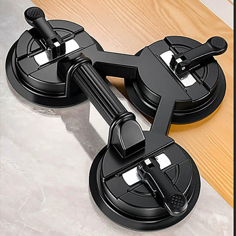 Two Cup Pro Grade Aluminum Suction Cup Glass Lifter With High Vacuum Grip for lifting glass panels and tiles, black, close-up view