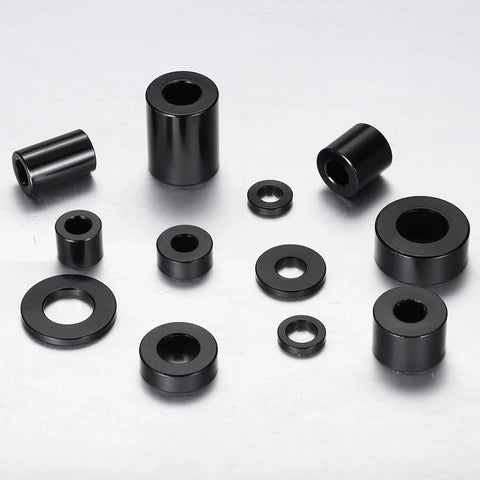10 Pack M8 Aluminum Spacers Unthreaded Black 5/16 Inch Inner Diameter 5/8 Inch Outer Diameter 5/16 Inch Length Standoff Spacers For M8 Screws Bolts Durable DIY Ready For Enclosures And Projects displayed on surface