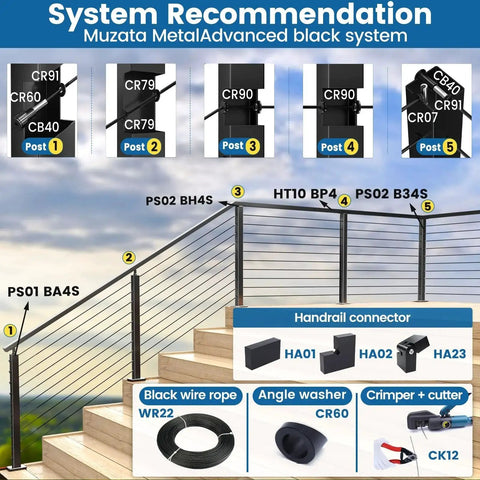 Image of Muzata MetalAdvanced black system with Black Angle Beveled Washer 25 30 35 Degrees For 1/8 Cable Railing CR60 20 Pack diagram.