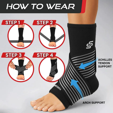 "Sleeve Stars Ankle Brace For Women And Men Breathable Ankle Support Sleeve With Removable Strap For Sprain Recovery And Plantar Fasciitis Relief Provides Adjustable Compression And Secure Comfort Fit For Daily Activities Black Ten To Twelve Inches shown with how-to-wear steps."