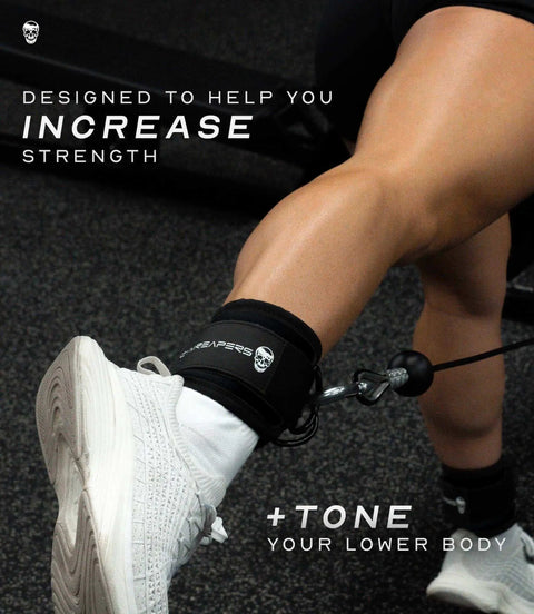 Ankle Straps For Cable Machines With Neoprene Padding on leg during glute exercise, emphasizing strength and tone.