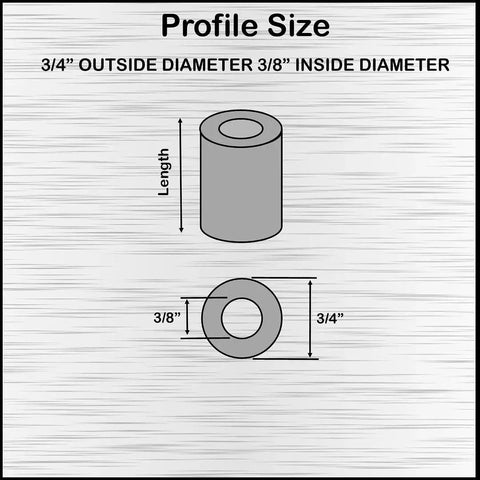 Diagram of black anodized aluminum spacer with 3/4 inch outer diameter and 3/8 inch bore, showing dimensions and profile size.