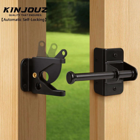 Self Locking Gate Latch on wooden fence with black finish, automatic gravity lock for outdoor use on wooden and metal gates