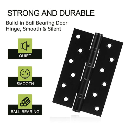 Six Pack Black Door Hinges 6 Inch Ball Bearing Heavy Duty Stainless Steel Hinges  with screws square corner built to last no joke smooth quiet operation for home office and closet doors showing smooth and quiet features with ball bearings.