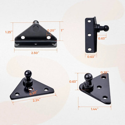 10mm Ball Stud Mounting Bracket Kit For Gas Strut Lift-O-Mat Systems with measurements for L-type and flat-type mounts in black finish.