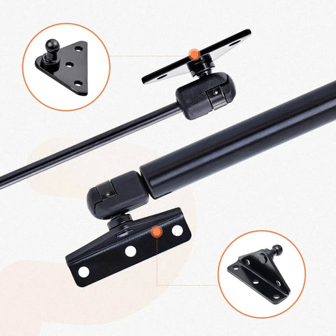 Close-up of 10mm Ball Stud Mounting Bracket Kit for Gas Strut Lift-O-Mat Systems with black finish and durable mounts.