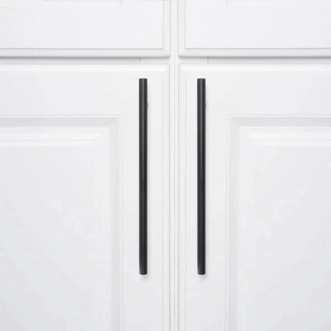 Euro Bar Cabinet Pull Handle Flat Black Finish Three Eighths Inch Diameter Eight Point Six Nine Inch Length Center To Center Six Point Three One Inch With Mounting Hardware Included Ten Pack on white cabinet doors