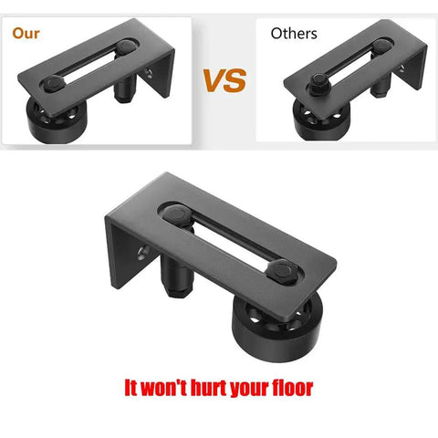 Image of an Adjustable Sliding Door Floor Guide Two Pack For Barn Doors In Black Durable Steel Runner And Guide System Eight In One Sliding Door Kit For All Doors Adjustable Roller Position Fits 1.5 To 3.75 Inch Wide Doors Anti Corrosion Finish.