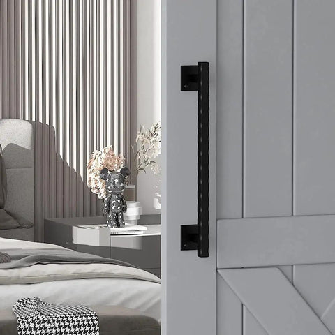 12 Inch Sliding Barn Door Handle Pull In Black Finish installed on interior sliding door