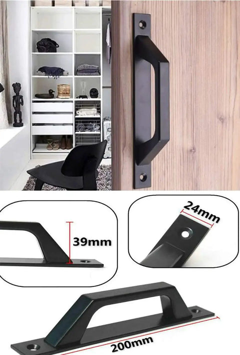 Sliding Barn Door Handle For Wooden Doors 19.6 Cm Long, Antique Two-Piece Door Pull In Matte Black Finish, installed on door